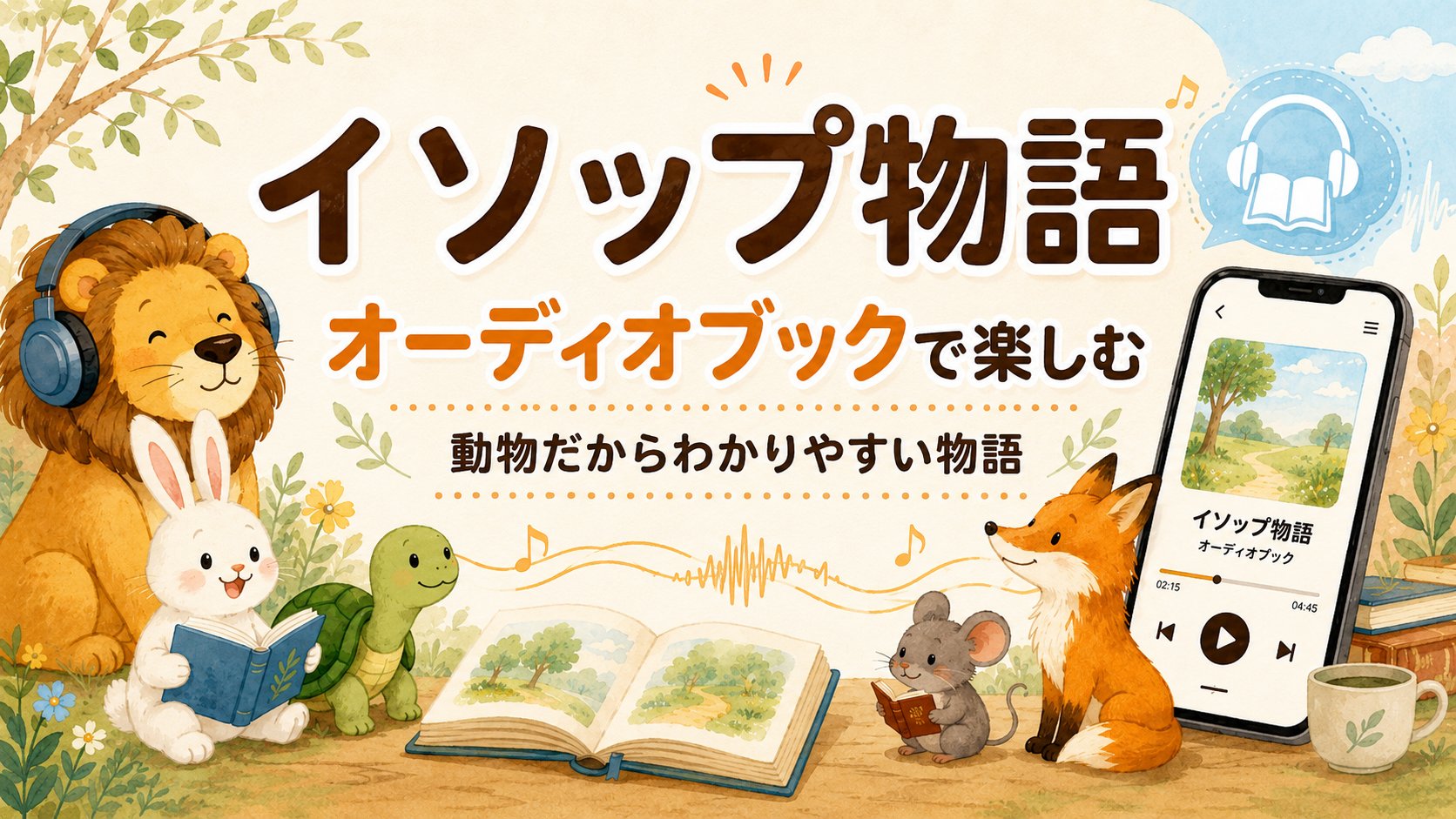 イソップ物語をオーディオブックで楽しむ動物たちのアイキャッチ画像