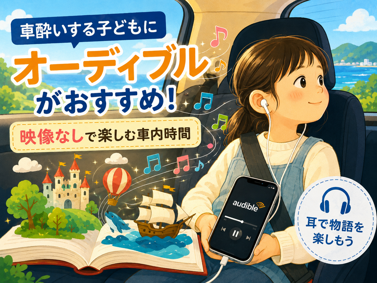 車の後部座席でオーディブルを楽しむ子どものイラスト