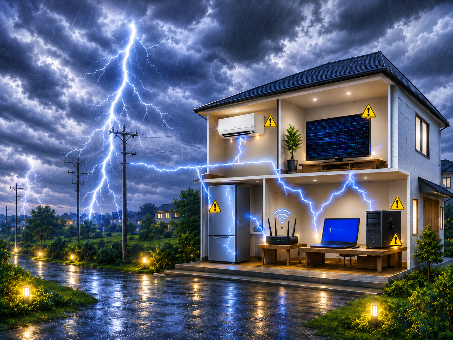 落雷による雷サージが戸建て住宅の家電や住宅設備に侵入するイメージ